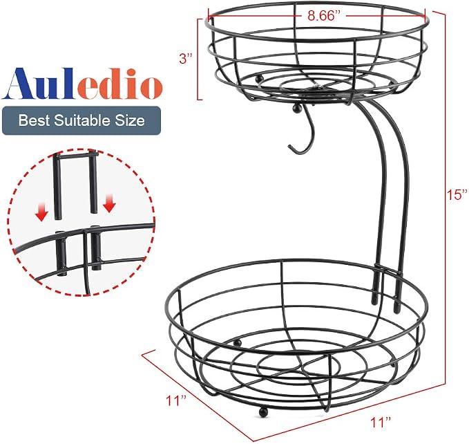 Auledio Iron 2-Tier Countertop Fruit Vegetables Basket Bowl Storage With Banana Hanger, Black, 64 ounces - Image 5