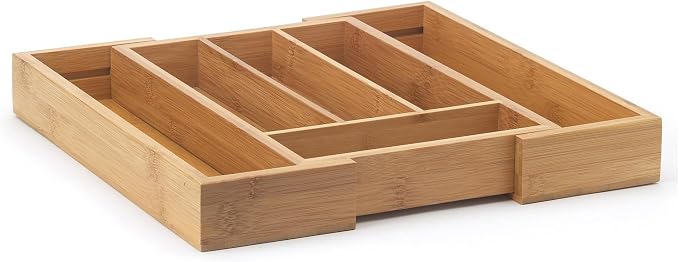HIC Kitchen Expandable 6-Slot Silverware Cutlery Utensil Storage Tray, Natural Bamboo, Opens to 14-Inches by HIC