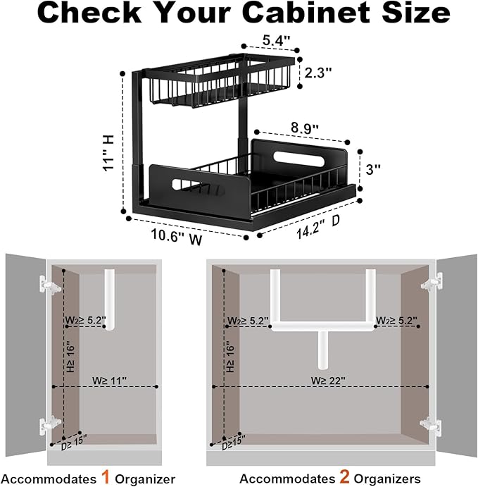 Under Sink Organizer, L-Shaped Pull Out Cabinet Organizer, Kitchen | 2 Tier Metal Slide Out Shelf for Kitchen, Bathroom, Laundry, and Utility Cabinet Storage for Deep Cabinets, Black, 1 Pack - Image 2