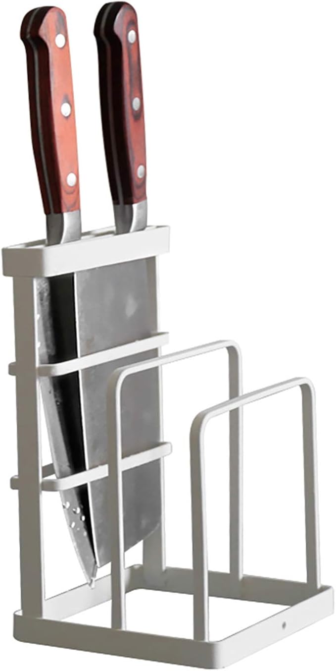 VANRA Metal Knife Block Without Knives, Multifunctional Knife Holder with 2 Layers Cutting Board Rack Dish Rack, Kitchen Storage Organizer,White by VANRA
