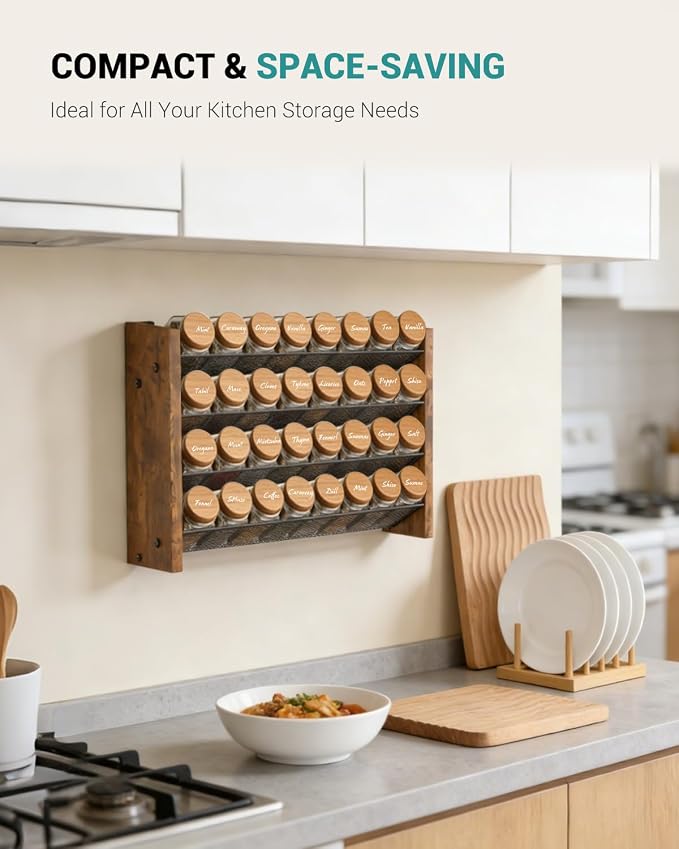 Spice Rack Organizer for Cabinet, Wood Countertop Shelf, No Jars Included | Holds 32 Standard 4 oz Jars, Fits Jars Under 1.8 in Wide, 4-Tier Kitchen Seasoning Organizer, Wall Mount, 15.7" W x 10.3" H - Image 4