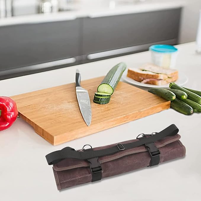Chef’s Knife Roll Bag,Waxed Canvas Knife Cultery Carrier, Portable Chef Knife Cases,Knife Pouch Holders With 10 Slots Plus 1 Zipper Pockets Can Hold Home Kitchen Knife Tools Up To 18.8” - Image 6