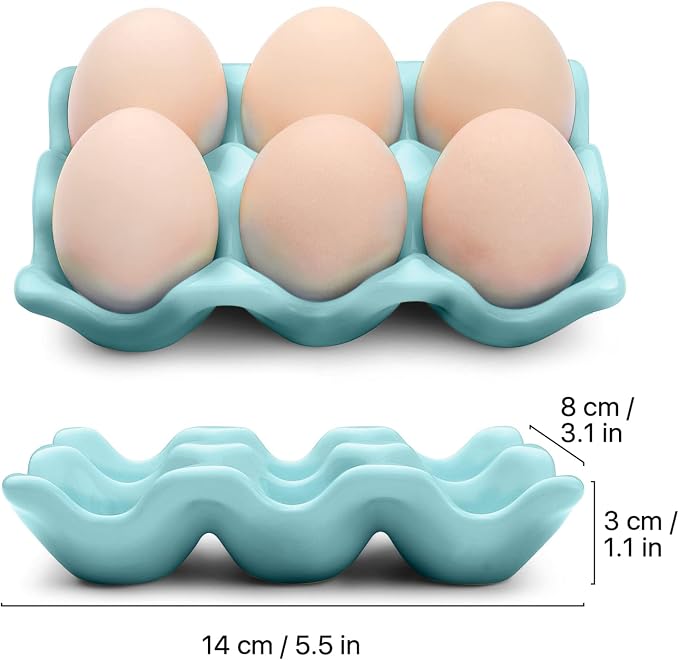 Flexzion Porcelain Egg Crate - 6-Egg Capacity Ceramic Egg Tray, Half Dozen Egg Holder for Fridge, Countertop Display - Blue Decorative Serving Dish and Storage Organizer, 2 Pack - Image 7