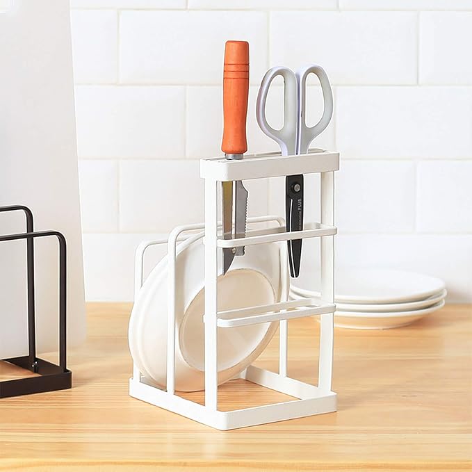 VANRA Metal Knife Block Without Knives, Multifunctional Knife Holder with 2 Layers Cutting Board Rack Dish Rack, Kitchen Storage Organizer,White - Image 5