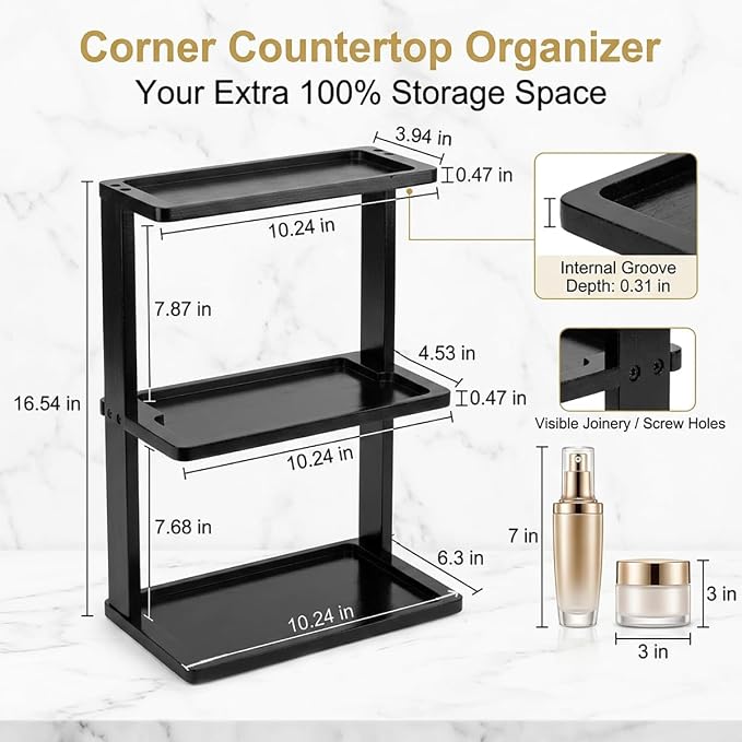 PEKER Bamboo Bathroom Organizer Countertop – Vanity Storage Shelf for Makeup, Perfume, Skincare – Natural Cosmetics Display Rack for Dresser, Sink, Kitchen – Black - Image 3