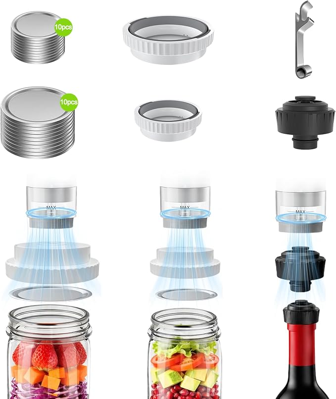 Mason Jar Vacuum Sealer Kit with 2 Sealers, 20 Reusable Lids | (Wide & Regular Mouth), Wine Vacuum Stopper & Opener, Food Storage System for Meal Prep, Pantry, Without Mason Jar by AllLifeAllHOPE