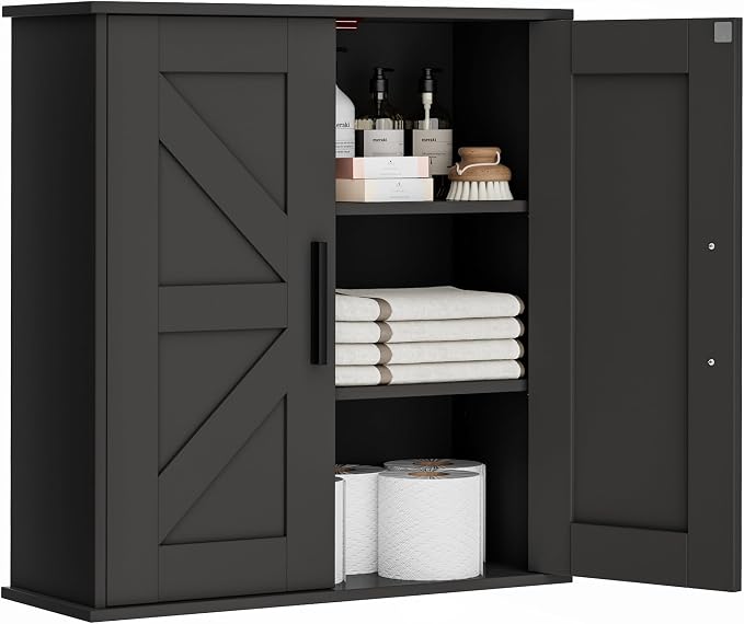 Homleke Bathroom Wall Cabinet, Medicine Cabinet with Adjustable Shelves | 3-Tier Wall Mounted Over Toilet Storage with Barn Doors, for Bathroom, Kitchen, Entryway, Laundry Room, Black, (7.9" D) by Homleke