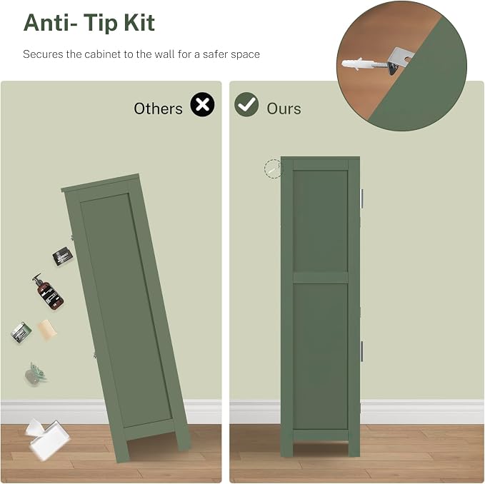 Bathroom Floor Storage Cabinet with Adjustable Shelf, Freestanding Storage Cabinet with 4 Doors, Cupboard for Living Room, Home Office, Entryway, Forest Green - Image 8