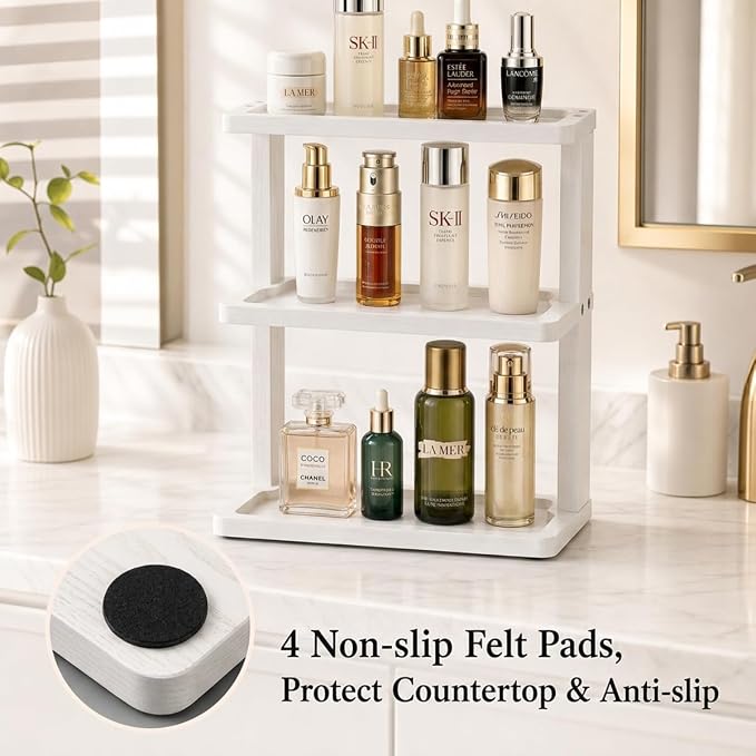 PEKER Bamboo Bathroom Organizer Countertop – Vanity Storage Shelf for Makeup, Perfume, Skincare – Natural Cosmetics Display Rack for Dresser, Sink, Kitchen – White - Image 6
