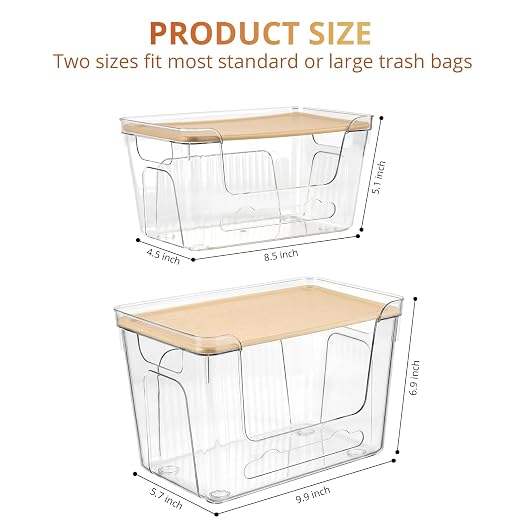 CANTAMI Plastic Trash Bag Dispenser with Lids, Stackable, 2Pack, 1XL+1S | Trash Bag Holder, Clear Organizer Bins for Kitchen, Laundry Room, Under Sink Organization and Storage - Image 2