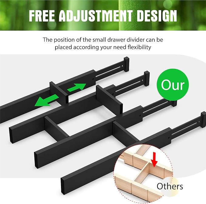 Bamboo Drawer Dividers Organizers, Expandable Drawer Separators Splitter,17-22 inches Long Adjustable Spring-loaded Organizer for Large Utensil, Clothes, Tools Drawers (Black) - Image 4