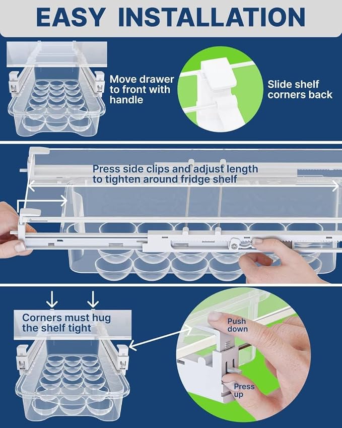 TidyFriend 2 Pack Refrigerator Egg Drawer 14"x7.5"x3.95" – Snap-On Egg Holder with Pull-Out Drawer, Holds 18 Eggs, Fits Flat Fridge Shelves 14.1–16.3 in Long and 0.93–1.32 in Thick - Image 8