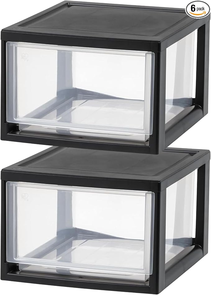 IRIS USA 6 Pack Plastic Drawer Storage Organizer, Stackable Unit with Sliding Drawers for Kitchen, Bathroom, Bedroom, Office, 14.5 Quart, Black by IRISUSA