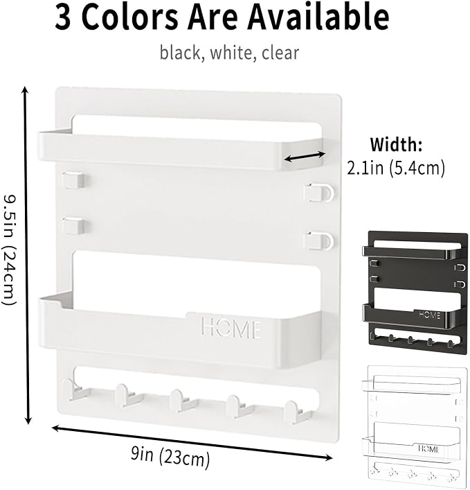 Adhesive Bedside Wall Shelf Organizer with 5 Hooks and Cable Clips, Plastic Wall Storage Holder for Phone, Remote Control, Earphone, Kindle, Keys – Bedroom, Dorm, RV (Black) - Image 2