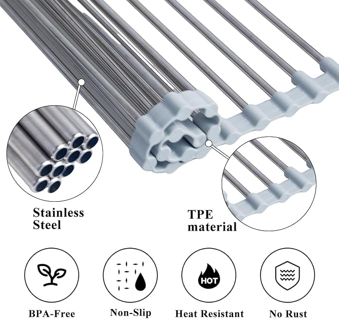 Roll Up Dish Drying Rack 17.5''x15.7'' Gray | Kitchen Rolling Dish Drainer, Foldable Sink Rack Mat Stainless Steel Wire Dish Drying Rack for Kitchen Sink Counter Storage - Image 3