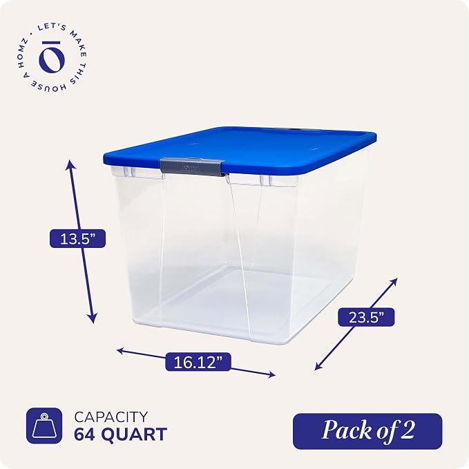 HOMZ Clear Plastic Storage Bin with Secure Latching Blue Lid, 64 Qt, 2 Pack | Heavy-Duty Stackable Containers, Large Organizer Box for Homes, Offices, and Garages - Image 4