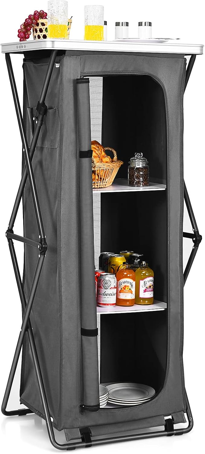 Giantex Folding Camping Storage Cabinet with 3 Shelves and Carry Bag, Portable Outdoor Organizer Kitchen Table, Quick Set-up for BBQ, Picnic, Backyard, Compact Pop-Up Cupboard, 55''H by Giantex