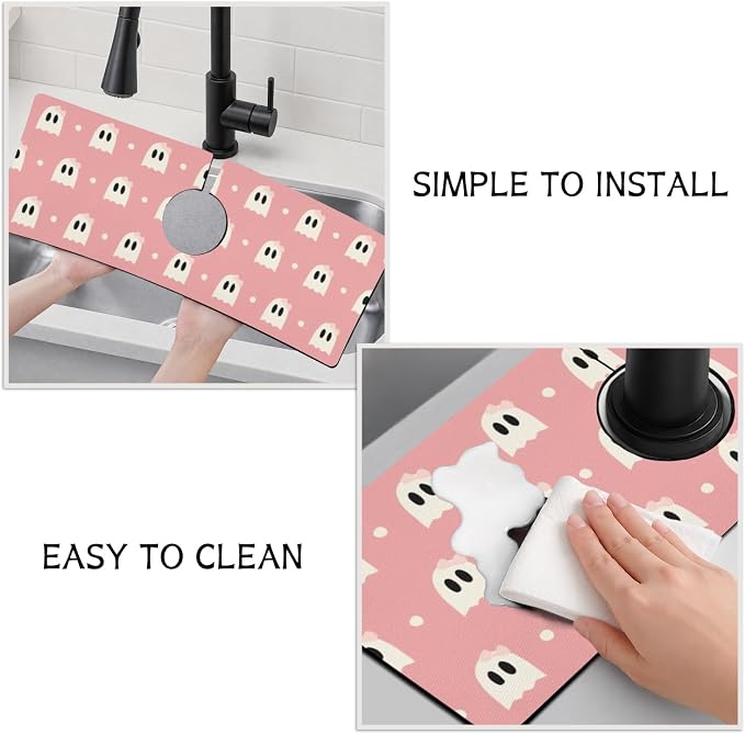 Halloween Kitchen Sink Splash Guard Faucet Mat,Pink Cute Ghosts Halloween Faucet Non-Slip Absorbent Mat,Farmhouse Sink Splash Guard Behind Faucet for Kitchen Bathroom,15"x5.5" - Image 4