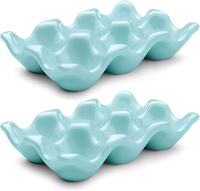 Flexzion Porcelain Egg Crate - 6-Egg Capacity Ceramic Egg Tray, Half Dozen Egg Holder for Fridge, Countertop Display - Blue Decorative Serving Dish and Storage Organizer, 2 Pack by Flexzion