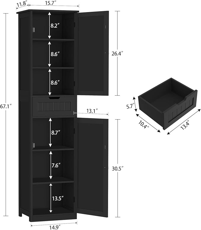 Iwell 67" H Bathroom Storage Cabinet, Tall Bathroom Cabinet | Narrow Storage Cabinet with Doors and Drawer, Adjustable Shelves, Floor Cabinet for Bathroom, Living Room, Kitchen - Image 3