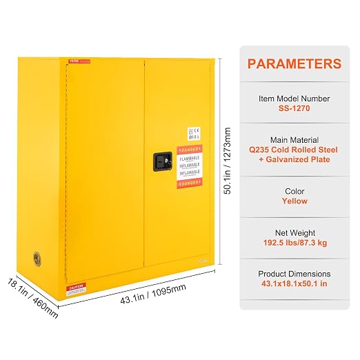 VEVOR Flammable Cabinet 18" x 43" x 50", Cold-Rolled Steel Flammable Liquid Storage Cabinet 34 Gal with 2 Adjustable Shelves/2 Manual Closing Doors for Industrial Use, Yellow | For Industrial Use, Cold-Rolled Steel, 34 Gal, with 2 Adjustable Shelves, 2... - Image 3