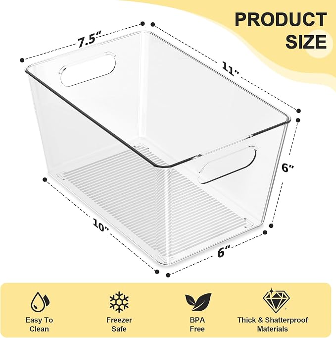 4 Pack Large Clear Plastic Storage Bins, Kitchen &Pantry Organizer | Heavy-duty 450g BPA-free PETG containers with handles for fridge, under-sink, bathroom, office, closet, and garage storage - Image 2