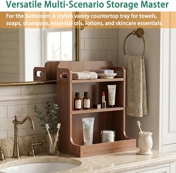 Solid Wood 3-Tier Spice Rack Countertop Organizer Kitchen Storage Shelf | Sturdy wood desktop shelf for spices, coffee bars & bathroom vanities. Features portable handles & full back stability. - Image 7