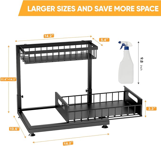 L-Shaped Under Sink Organizer, 2-Tier Pull-out Cabinet Rack 1-Pack | Black Height-Adjustable Steel Rack, Sliding Grid Drawers with PP Liners, Holds 100 Lbs, Suction Base, Ideal Kitchen Storage - Image 8