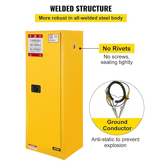VEVOR Flammable Cabinet, 18" x 18" x 35", Yellow | Galvanized Steel, Safety Cabinet, Adjustable Shelf, Commercial, Industrial, Home Use - Image 8