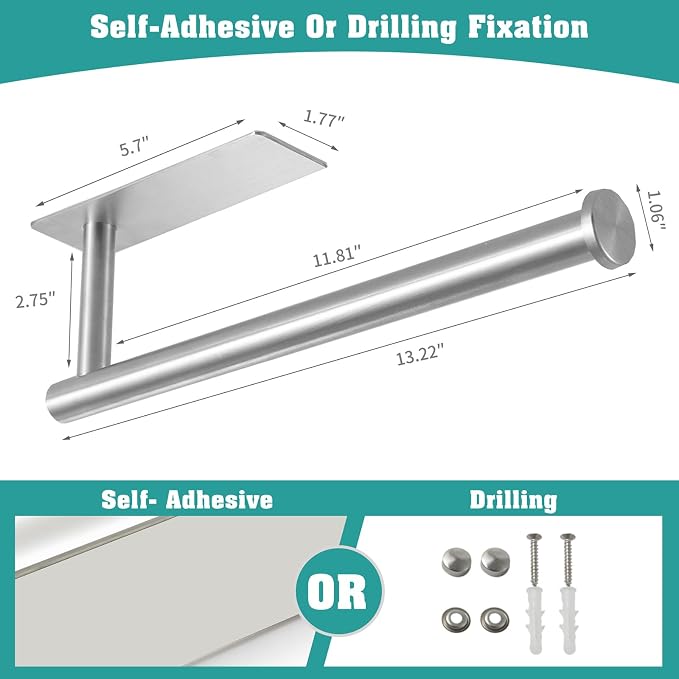 theaoo Under Cabinet Paper Towel Holder for Kitchen, Wall Mount, Silver | Adhesive Paper Towel Roll Rack for Bathroom or Kitchen, SUS304 Stainless Steel, Self-Adhesive or Screw Installation - Image 4