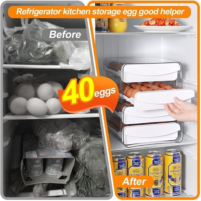 SYLAB Egg Holder for Refrigerator - 32 Eggs Capacity, 2-Tier Stackable Auto-Rolling Egg Container with Drawer & Handles - Clear BPA-Free Egg Storage Organizer for Fridge, Kitchen Countertop & Pantry - Image 4