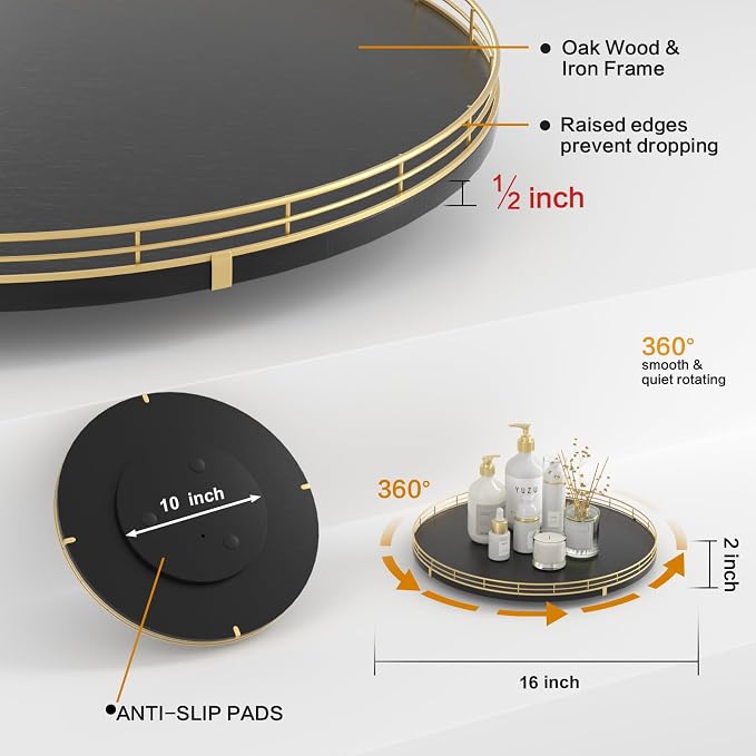 Oroyutor 16-Inch Oak Lazy Susan Organizer with Gold Rail and Black Finish | Oak wood base, gold metal rail and smooth 360-degree rotation for dining tables, kitchen counters and spice storage. - Image 6