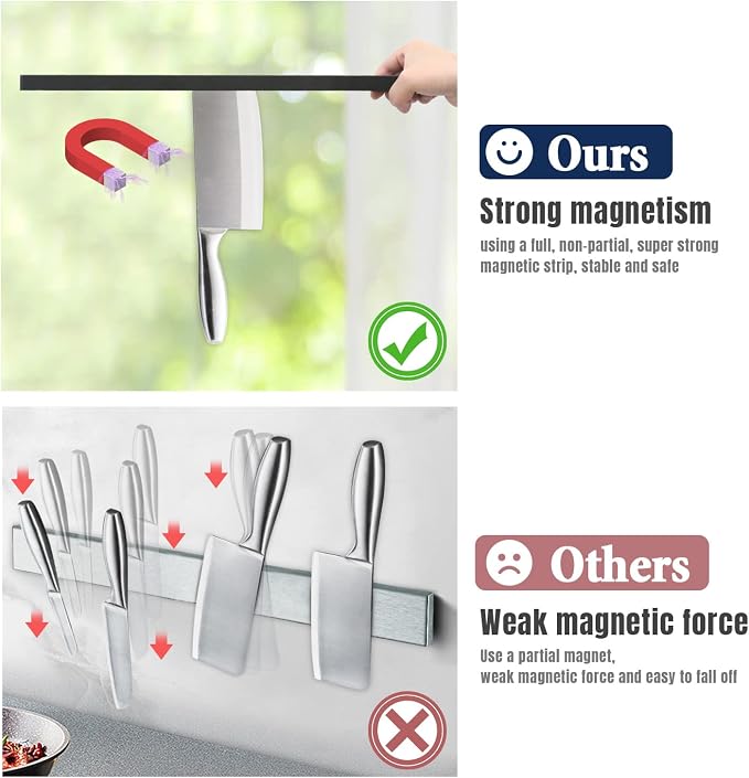 Dmore magnetic knife holder for wall—with 4 hooks, No Drilling 20 Inch black knife magnetic strip, Powerful knife magnet rack, include Adhesive Tape and screws for Knives, Utensils, and Tools - Image 3