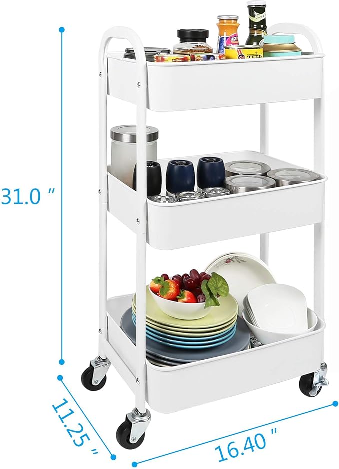 3-Tier Rolling Utility Cart with Caster Wheels,Easy Assembly, White | Easy Assembly, multi-purpose storage trolley for kitchen, rolling cart with smooth caster wheels for bathroom - Image 3