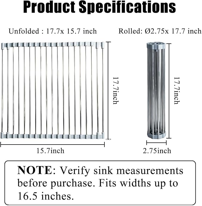 Roll Up Dish Drying Rack 17.5''x15.7'' Gray | Kitchen Rolling Dish Drainer, Foldable Sink Rack Mat Stainless Steel Wire Dish Drying Rack for Kitchen Sink Counter Storage - Image 4
