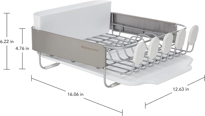KitchenAid Compact Satin Wire Rust Resistant, Expandable Dish Rack with Angled Self Draining Drainboard with Removable Flatware Caddy, 23.18-Inch, Gray - Image 6