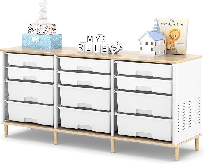 TOOLF 12 Drawers Storage Cabinet with Wooden Top and Plastic Bins, White | Toy Shelf Storage Chest Cubby Organizer, for Home, Office, Playroom, Classroom & Craft Room by TOOLF