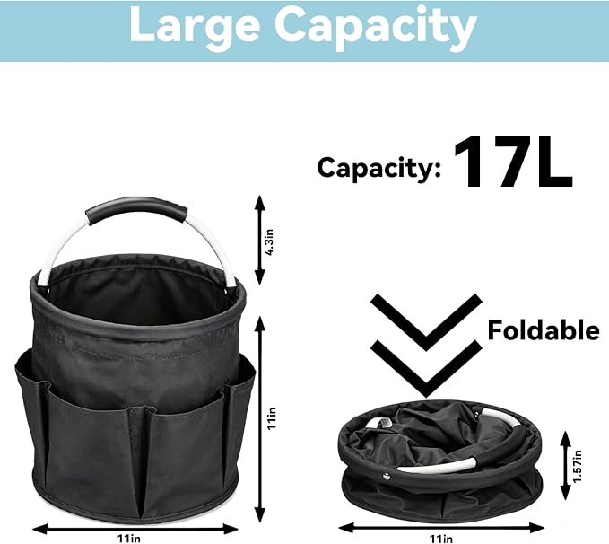 UFORU Cleaning Caddy with Handle, 17L Foldable Organizer with 6 Pockets | 600D Oxford Fabric, Durable, Waterproof, Large Capacity, Space-Saving Foldable, Multi Cleaning Bucket Bag for Home, Garden - Image 2