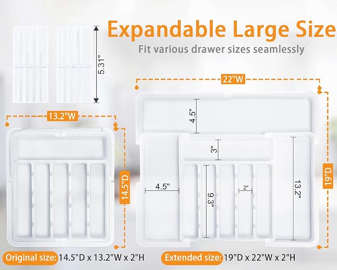 Silverware Organizer for Kitchen Drawer, Expandable Utensil Drawer Organizer with 2 Knife Block, Flatware and Cutlery Holder, Adjustable Plastic Storage for Spoons Forks Knives - Image 2