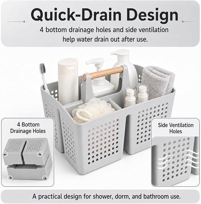 Portable Shower Caddy Basket with 3 Compartments and Handle, Light Gray | Plastic Divided Storage Caddy for Bathrooms, Apartments, Guest Rooms, Offices, Crafts and Under-Sink Organization - Image 4