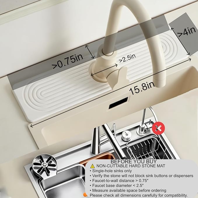 Stone Faucet Mat for Kitchen Sink, Faucet Mat Fast Drying Diatomite | Sink Splash Guard Water Absorbing Stone Tray for Sink, Counter Protector Matt for Kitchen & Bathroom - Image 2