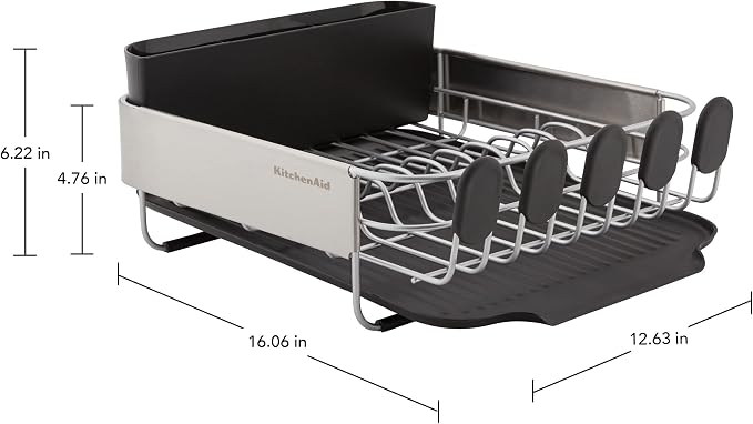KitchenAid Compact, Space Saving Rust Resistant Dish Rack with Removable Flatware Caddy and Angled Self Draining Drainboard, 16.06-Inch, Black - Image 7