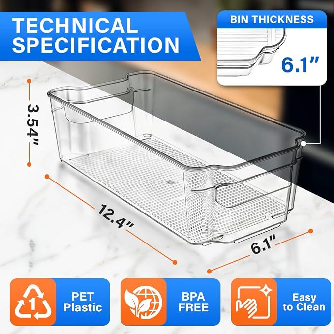 8-Piece Stackable Refrigerator Bin Organizer Set with Easy Grip Handles - Clear Multi-Purpose Storage Bins for Fridge and Pantry Use - Image 2