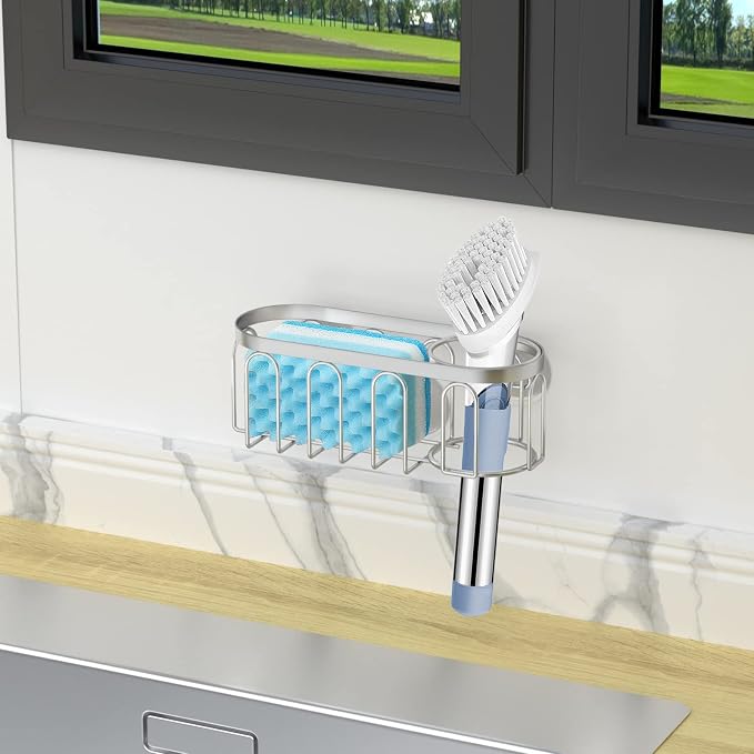 2-in-1 Sponge Holder for Kitchen Sink, Sink Caddy Kitchen Sink Organizer with 3 Suction Cups, No Drill Rustproof Sink Sponge Holder for Dish Brush, Soap & Sponge (Silver) - Image 8