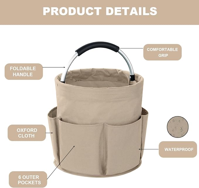 Cleaning Caddy with Handle, 17L Foldable Cleaning Supplies Organizer, Portable Storage Basket, Cleaning Supply Caddy, Multifunctional Cleaning Bucket Bag for Garden, Home, Kitchen (Khaki) - Image 5