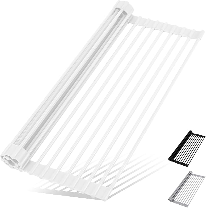 Hanzenma Roll Up Dish Drying Rack - Over The Sink, Multipurpose Foldable Sink Drying Mat, Heat-Resistant, Anti-Slip & Anti-Rust, 17" x 13", White by HANZENMA