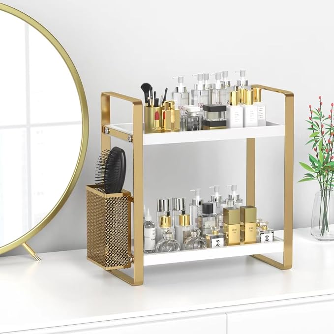 Bathroom Counter Organizer with Basket, Perfume,Makeup Organizers for Vanity,Storage Organizers for Bathroom, Kitchen, Dresser（White） - Image 3
