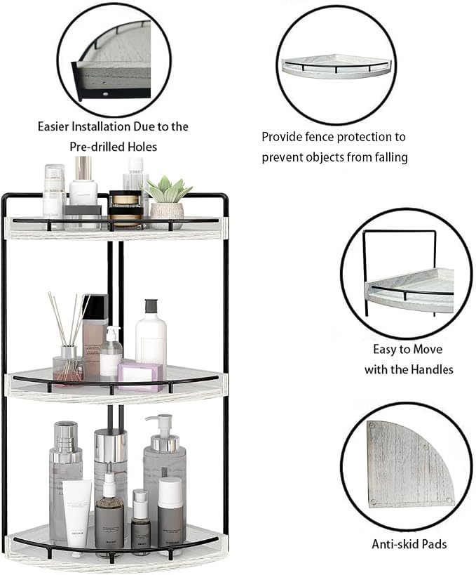 Dorhors Corner Bathroom Organizer Countertop,Vanity Counter Storage Shelf | 3 Tier Rustic White Stand Rack Holder for Kitchen,Dresser,Restroom,Wood Bathroom Sink Tray for Makeup,Perfume,Skincare,Lotion - Image 4
