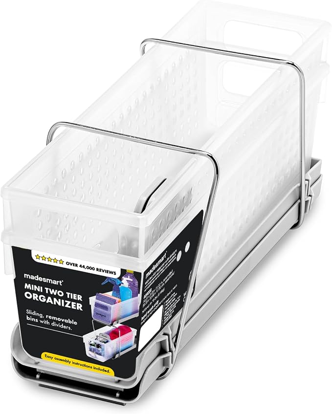 madesmart Mini 2-Tier Organizer, Multi-Purpose Slide-Out Storage with Handles and Dividers for Home and Bath, Frost | pull out bins, adjustable dividers, tiered access, cleaning supplies, under sink use, pantry bottles, woman owned - Image 9