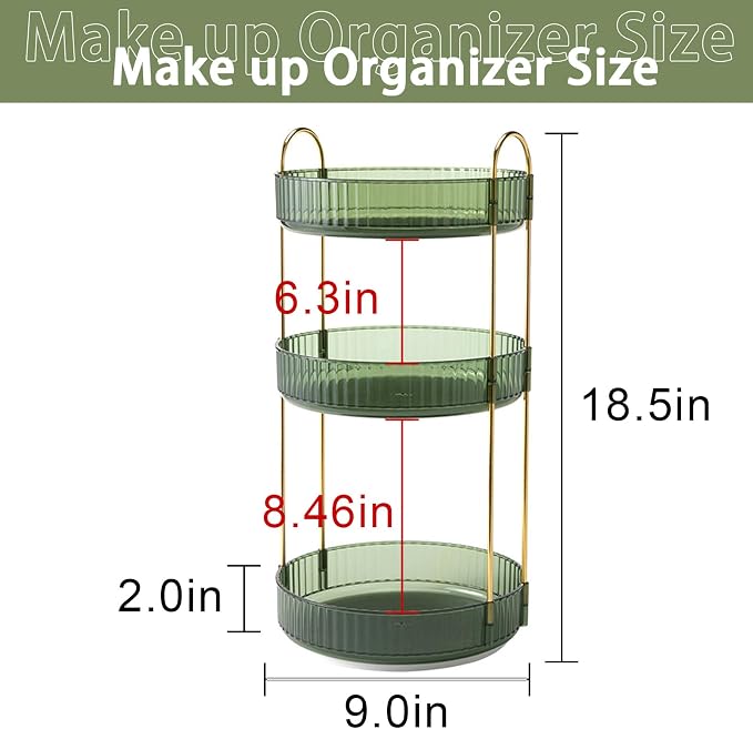 Rotating Makeup Organizer for Vanity, High-Capacity Skincare Clear Make Up Storage Perfume Organizers Cosmetic Dresser Organizer Countertop 360 Spinning (Green, 3 Tier) - Image 5